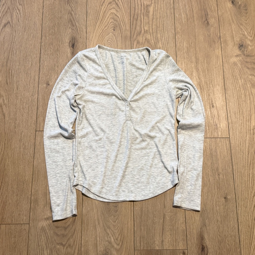 Vintage VTG Y2K 2000's 00's American Eagle Grey Waffle Henley Long Sleeve - Picture 2 of 7
